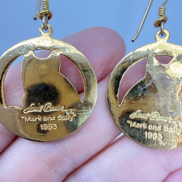 Laurel Burch Mark and Sally Earrings 1993 Enamel Cat Hoop Gold Tone Teal Flower - Picture 4 of 7